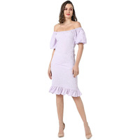 Campus Sutra Women's Lilac Puff-Sleeved Creased Dress For Casual Wear | Off-Shoulder | Short Sleeve | Pull On Closure | Dress Crafted With Comfort Fit For Everyday Wear
