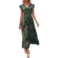 Shasmi Women's & Girl's Boho Dark Green V-Neck Printed Dress With Ruffled Hem And Belted Waist For Vacation, One Piece Maxi For Women's Casual Dresses (Dress 140 Boho Dark Green-M)