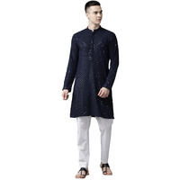 See Designs Navy Blue & White Regular Fit Embroidered Kurta Set_Sdekt129701Xs