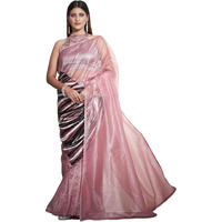 Womanista Women's Net Sequinned Saree (Ti6493_Pink)