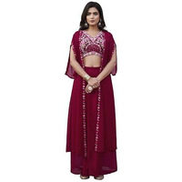 Womanista Women's Georgette Solid Straight Crop Top With Skirt & Jacket (Kurtaset_1388_Fuschia