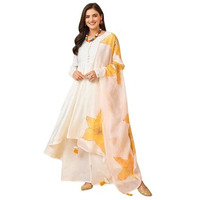 Ishin Women Solid Off-White Anarkali Kurta With Pants And Floral Dupatta