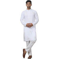 Jompers Mens White Embroidered Viscose Rayon Straight Kurta Pyjama Set (White, S)