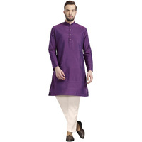 Kisah Men's Cotton Blend Long Sleeves Regular Fit Solid Purple Kurta Trousers Set (M)