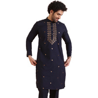 Kisah Men's Kurta, Navy Blue Blended, Embellished Regular Fit Mandarin Collar Long Sleeves (M)