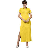 Oomph! Women's Western & Fusion Wear Stretchable Ribbed Lycra Shirt Dress For Women, Bodycon, Yellow - Md1011