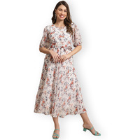 Preneum Women's Georgette A-Line Knee-Long Dress White,Medium, Medium