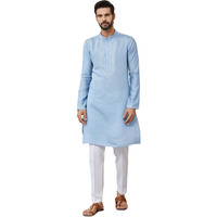 See Designs Men's Long Sleeve Mandarin Collar Side Slit Light Blue Embroidered Chanderi Silk Straight Kurta With Pyjama - Sdkt258601Xl