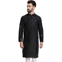 Sojanya (Since 1958 Men's Silk Blend Mirror Work Black Only Long Kurta