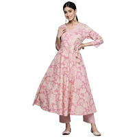 Varanga Women Pink Floral Printed Angrakha Style Anarkali Kurta Paired With Printed Bottom.