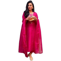 Shiv Textiles Women's Chanderi Silk Embroidered Kurta Pant Dupatta Set(Jda-Zara-Pink-Xl)