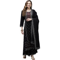 Ishin Women's Viscose Rayon Black Embroidered & Beads And Stones Work A-Line Kurta Suit Set With Dupatta & Palazzo Kplpm-Ff-847D_L_Black