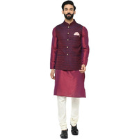 Kisah Men Maroon Off-White Solid Kurta Churidar With Nehru Jacket, Full Sleaves, Knee Length, Straight, Regular Fit, Mandarin Collar Ethnic Wear