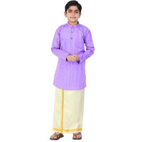 Boys Cotton Long Sleeve Self Design Kurtha With Stitched Art Silk Dhoti For Boys (Madriyad-Purple)