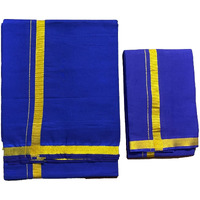 Prakasam Cotton Mens Blue Colour Jari Cotton Dhoti And Angavastram Set (1.30X2.00 Meter Dhoti, 36X1.80 Towel)-(Blue-005)
