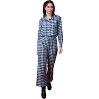 Popwings Casual Checks Print Crop Shirt And Trouser Co-Ord Set For Women | Shirt And Pant Co-Ord Set For Women | Full Sleeves Co-Ord Set For Women | Western 2 Piece Set For Women Blue