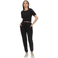 Rigo Women's Cotton Blend Waffle Knit Ankle Length Co-Ord Set (Wtrkst1036-S_Black3
