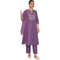 Sanisa Women's Cotton Blend Embroidery Straight Kurta With Pant And Dupatta (146Kbd1582N-M_Dark Lavender3)