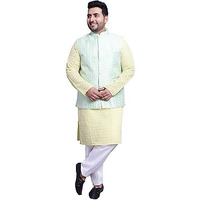 Sojanya (Since 1958 Men's Pure Cotton Yellow Kurta And White Pyjama With Light Green Nehrujacket