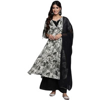Varanga Women Off-White And Black Floral Printed Pure Silk Chinon, Embroidered V-Neck Aliya Cut Extended Sleeve Kurta Paired With Bottom And Dupatta