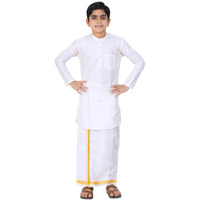 Prakasam Cotton Boys White Art Silk Long Sleeve Kurtha With Stitched Art Silk White Dhoti For Boys