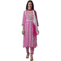 Rytras Women's Embroidered Straight Kurta With Pant And Dupatta Set(Pink,Xxl)