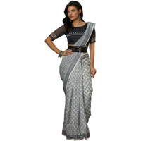 Satrani Women's Cotton Blend Printed Saree With Unstitched Blouse Piece (4112S6503N_White & Dark Dusty Green)