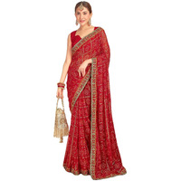 Satrani Women's Georgette Bandhani Printed Foil Work Sequence Embroidery Lace Saree With Unstitched Blouse Piece (3842S2729N_Dark Red2)