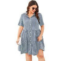 Tadkee Women's Cotton Blend Classic Standard Length Dress Shirt (Fn-Striped-Plus-Dress-134-Navy-L_Navy_L)