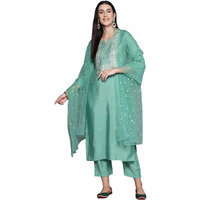 Varanga Women Sea Green Embroidered Straight Kurta Paired With Tonal Bottom And Net Dupatta