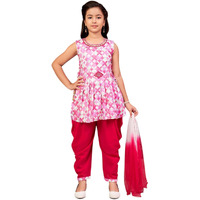 Aarika Girls Ethnic Wear Rani Colour Floral Print Beads Embroidery Cotton Blend Dhoti Kurta Set With Dupatta-4-9 Years (Dh-Shm-5017)