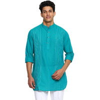 Fabindia Men Cotton Pintucks Short Kurta Teal_S
