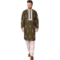 Jompers Mens Olive Collar Chikankari Embroidered Kurta With Pyjama. (Olive, L)