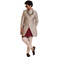 Kisah Men's Indo-Western Kurta Sherwani Trouser Set, Multi Cotton Blend, Jacquard Regular Fit Mandarin Collar Long Sleeves (40)