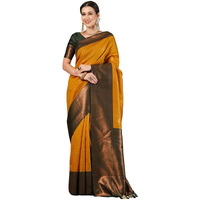 Satrani Women's Silk Kanjivaram Jacquard Weaving Saree With Unstitched Blouse Piece (4028S178N_Mustard Yellow & Dark Green)