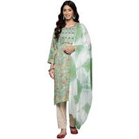 Varanga Women's Mint Green Embroidered Yoke Printed Kurta With Bottom & Tie-Dye Dupatta Set (Medium)