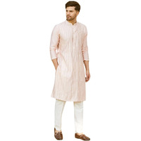 See Designs Men Full Sleeve Pink And Gold Chanderi Silk Sequins Mandarin Collar Side Slit Kurta With Pyjama - Sdkt242101M