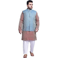 Sojanya (Since 1958 Men's Silk Blend Maroon Kurta & Pblue Nehrujacket With White Pyjama