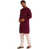 Sojanya (Since 1958 Men's Sequinned Embroidered Purple Cotton Kurta And White Pyjama Set