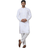 Jompers Mens White Embroidered Viscose Rayon Straight Kurta Pyjama Set (White, M)