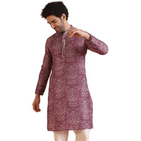 Kisah Men's Kurta, Burgundy Cotton, Floral Regular Fit Mandarin Collar Long Sleeves, 36