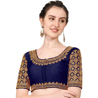 Pujia Mills Women's Phantom Silk Checkered Half Sleeve Blouse (Navy Blue Simba2 Blouse36_Navy Blue_36)