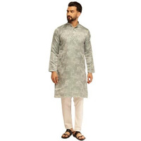 Sojanya (Since 1958 Men's Jacquard Silk Woven Design Green Kurta With White Pyjama