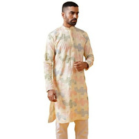Sojanya (Since 1958 Men's Cotton Silk Multi Thread Embroidered Cream Long Kurta