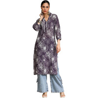Varanga V Neck Kurta With Lace Detailing And Big Floral Print Purple
