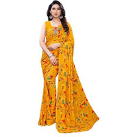 Shiv Textiles Women's Georgette Floral Printed Saree(115S105_Turmeric Yellow)