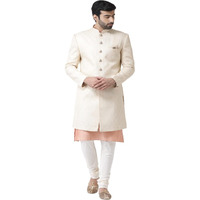 Kisah Men's Kurta Indo-Western Sherwani Churidar Set, Cream Brocade, Ethnic Motifs Regular Fit Mandarin Collar Full Sleeves (M), 46