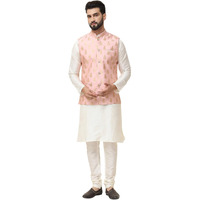Sojanya (Since 1958 Men's Silk Blend Cream Kurta Pyjama With Pink Nehrujacket Set