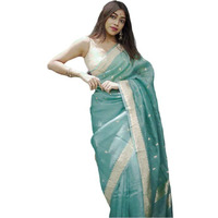 Flosive Women's Beautiful Light Shine Cotton Linen Wedding Saree With Blouse (Sky)