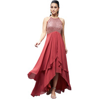 Miss Chase Women's Halter Neck Sleeveless Embellished Layered Maxi Dress (Mcss23D13-75-149-04, Brick Red, M)